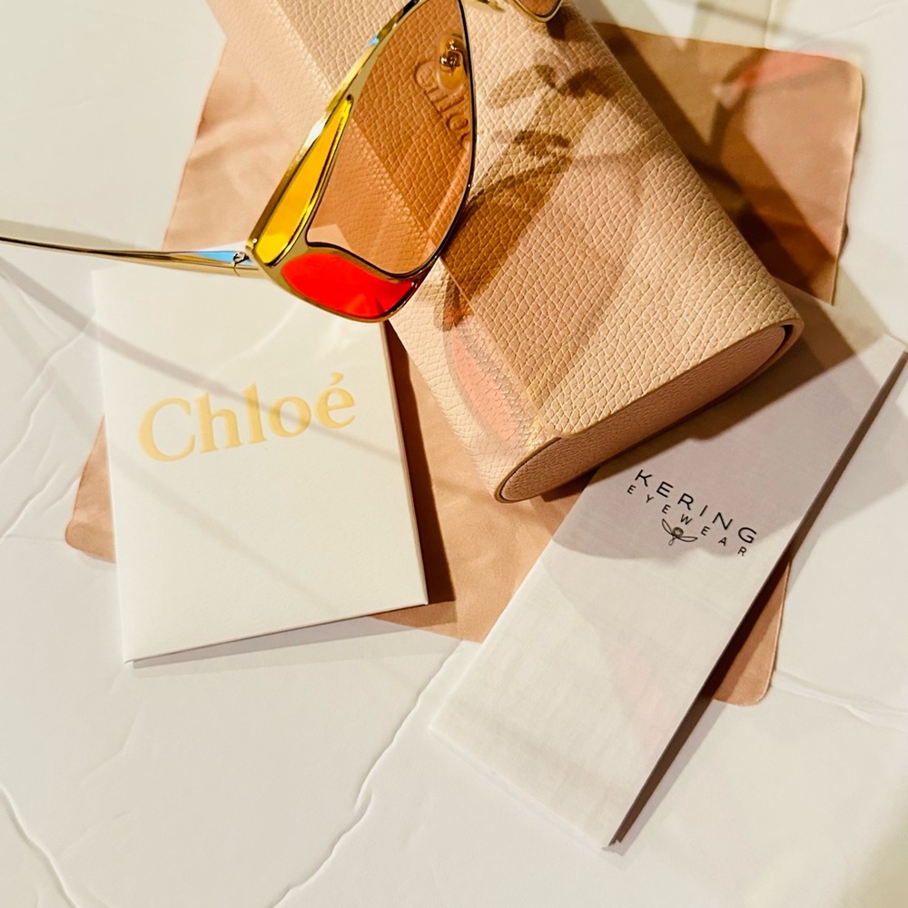 Chloé Sunglasses Gold Cat Eye Frame Dark Brown Lens CH0049S - Picture 2 of 12